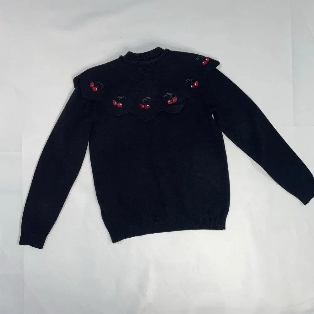Girls Black Cardigan Sweater with Cherry Peter Pan Collar Tie Neck Size 12‎